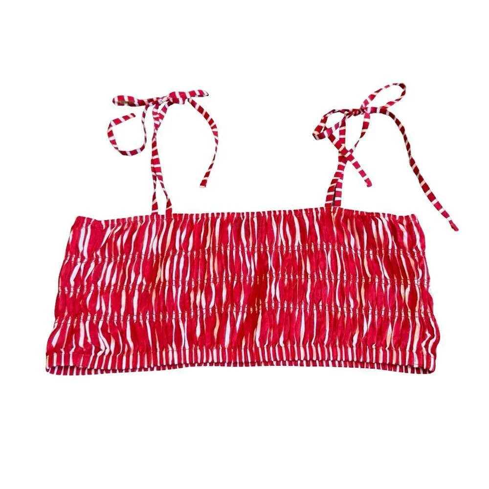 J. Crew Red White Cropped Spaghetti Strip Crop Top Shirt Ruched Size Medium
